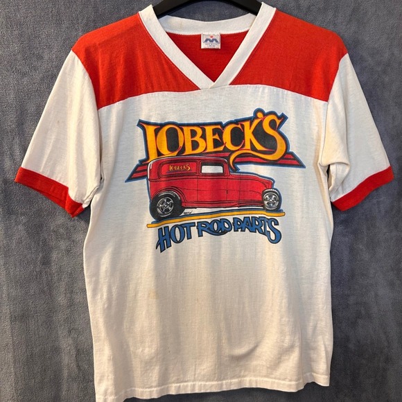 MER DU SUD Other - VTG 80s Lobeck's Hot Rod Parts Mens S (Lg Tag) V-Neck Football T-Shirt USA